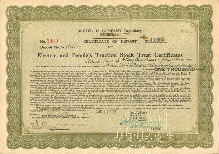 Electric and People's Traction Stock Trust Certificate